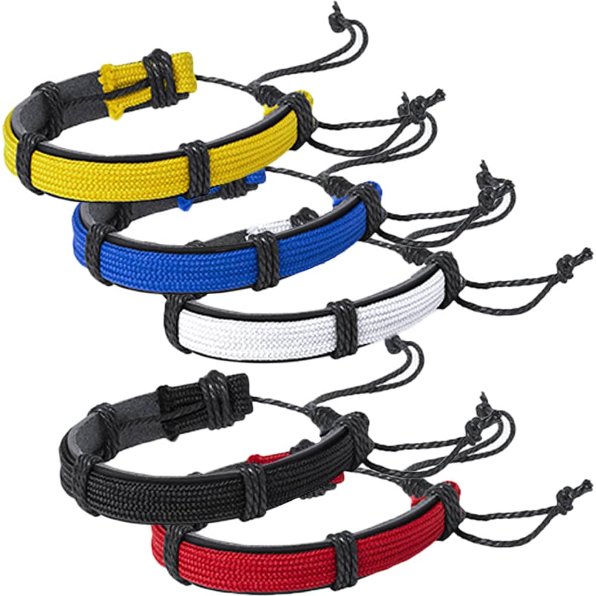 A set of four bracelets in yellow, blue, white, and red, featuring leather and polyester materials with adjustable cords.