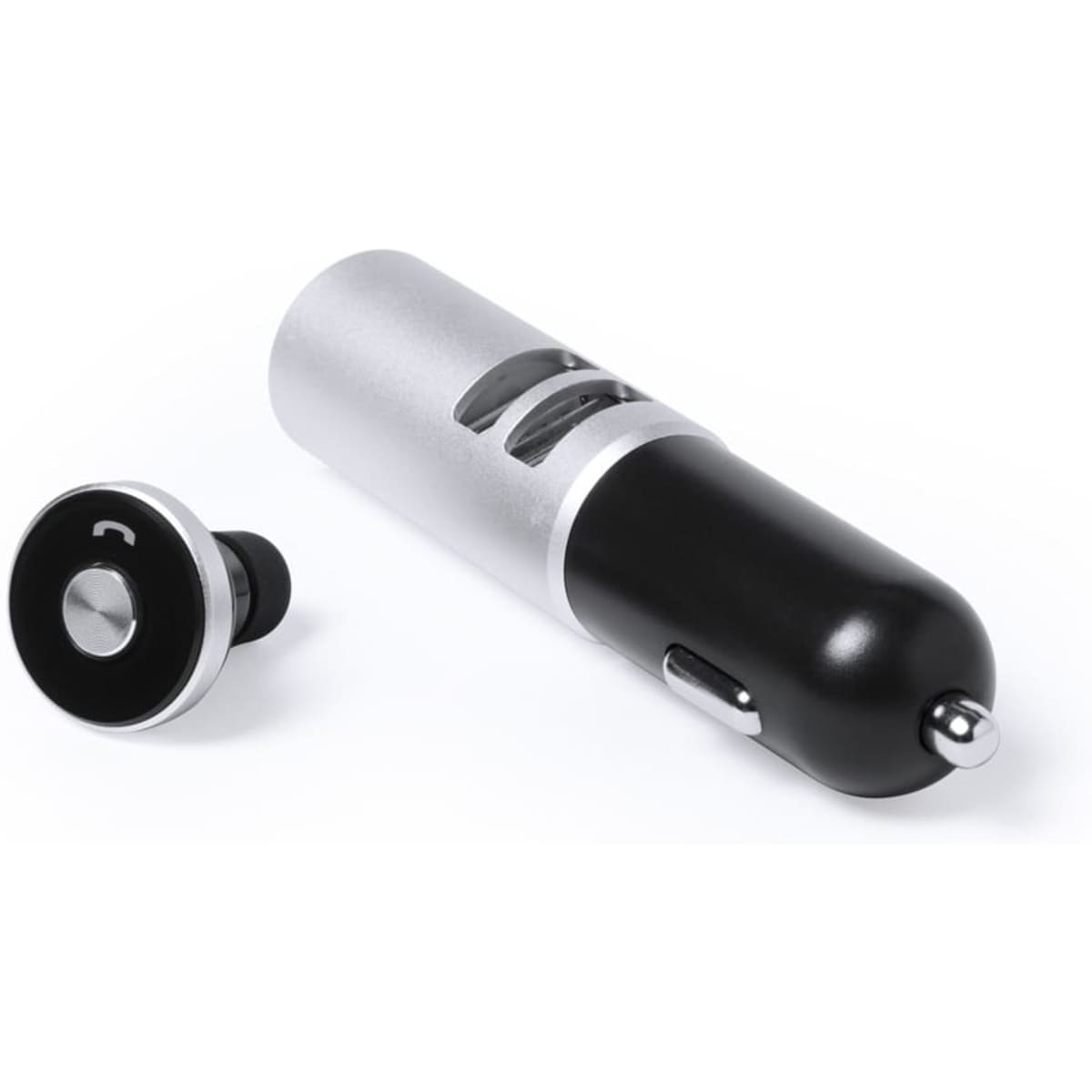 A car charger in black and silver with a detachable plug and a round control button. It features a logo.