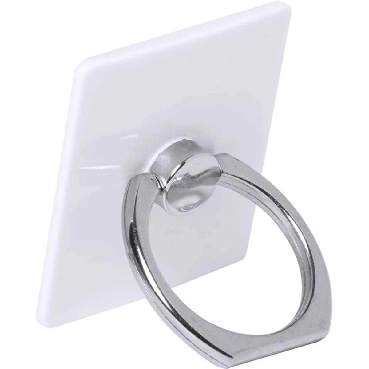 A mobile phone ring holder with a square white backing and a silver metal ring.