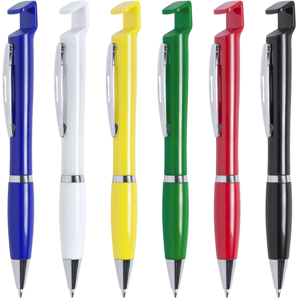 A collection of six pens in blue, white, yellow, green, red, and black, each with a silver clip and branding.