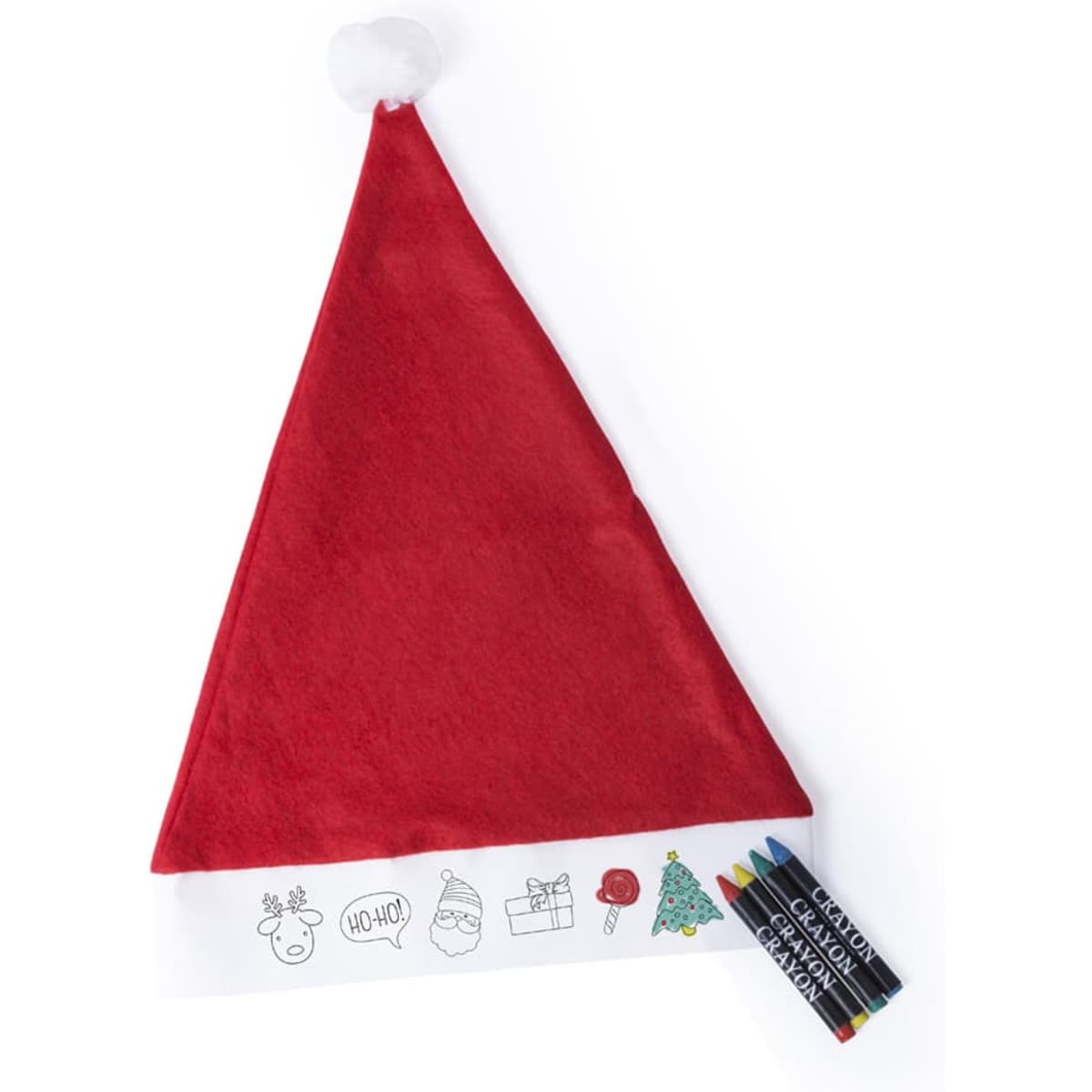 A red Santa hat with a white brim and a set of colourful fabric markers included.