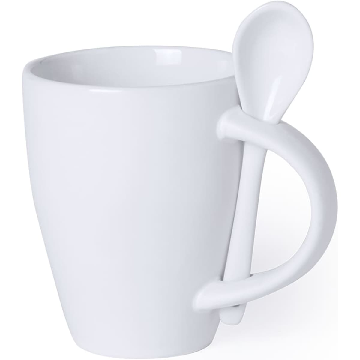A white mug with a spoon attached to the handle. The mug has a tapered design and a smooth finish.