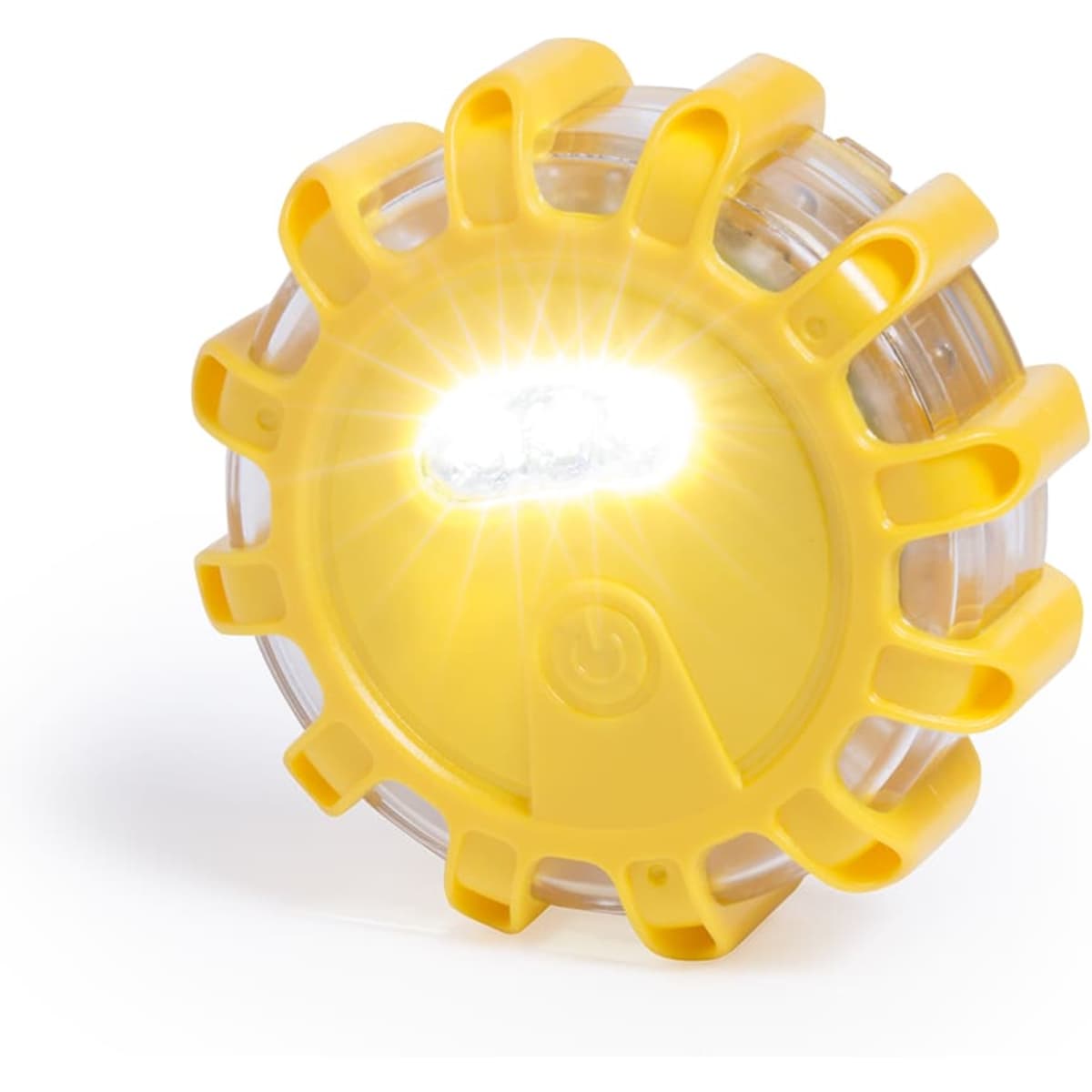 A yellow safety light with a round body and protruding features, illuminating brightly from its centre.