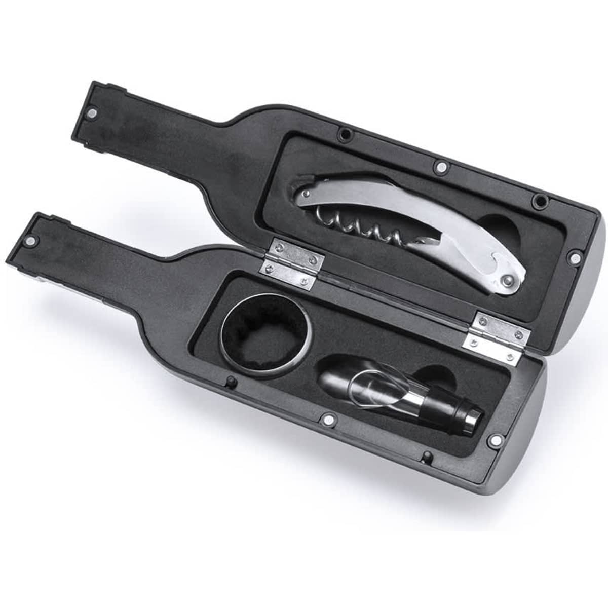 A drink bottle-shaped case in black, containing a corkscrew and a small flashlight. It features a logo.