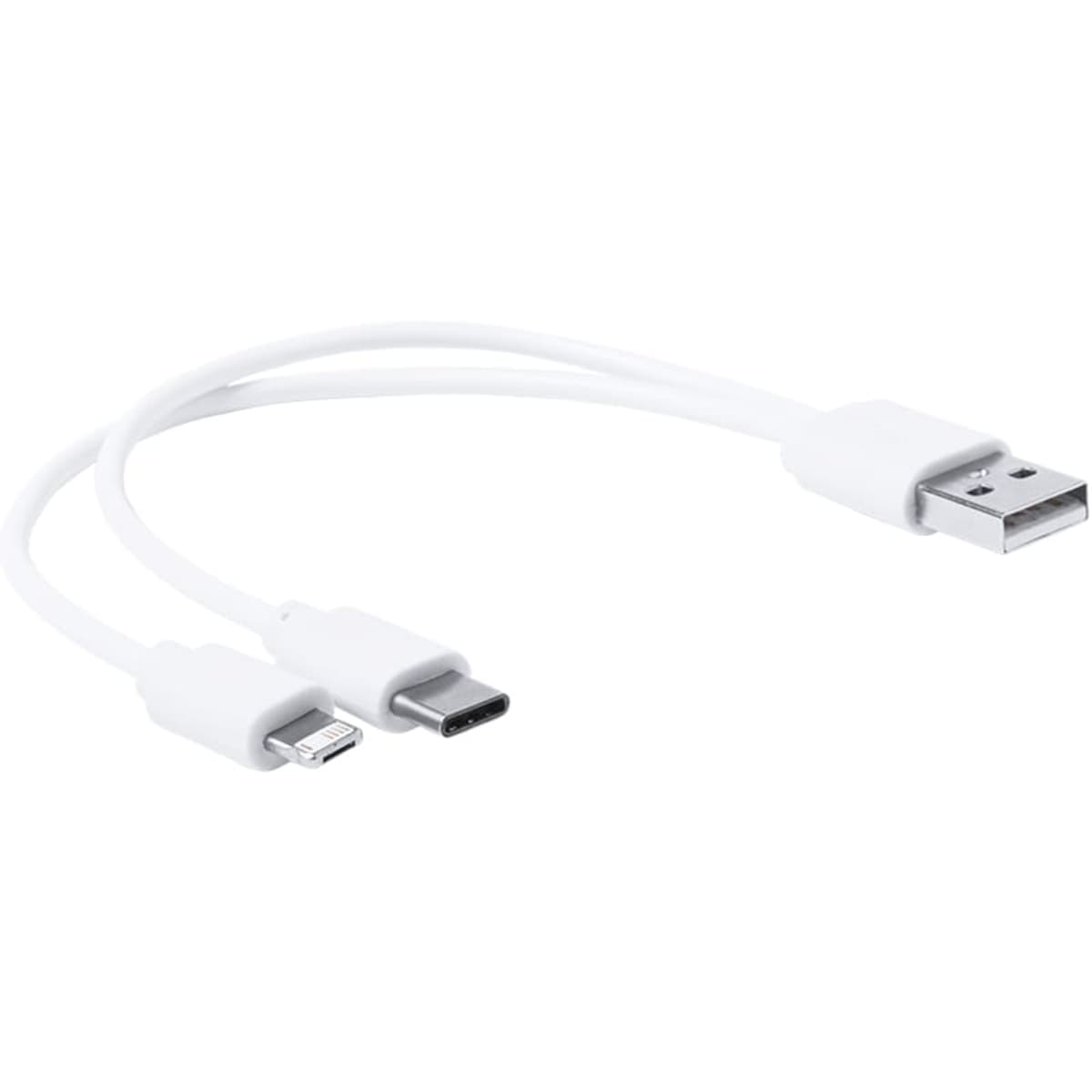 A charging cable in white, featuring a USB connector and both micro USB and USB-C connectors.