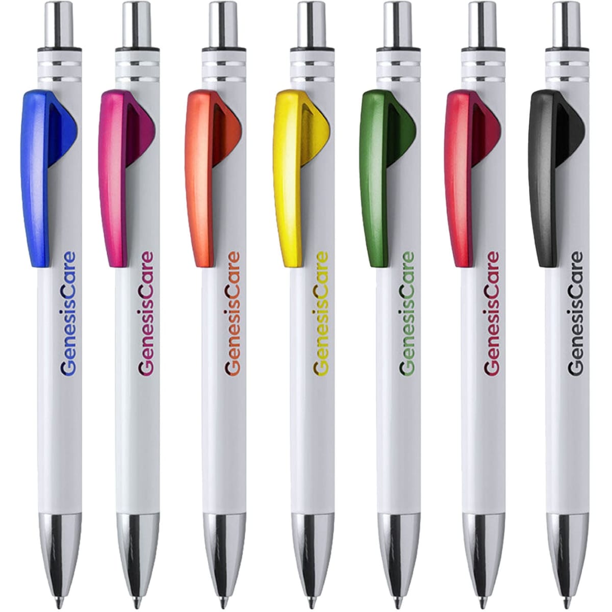 Eight pens in various colours, featuring white barrels and different coloured grips, each with a logo.