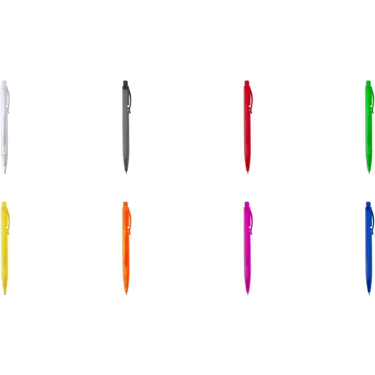 A set of eight pens in various colours: white, black, red, green, orange, yellow, blue, and pink, with a clip design.