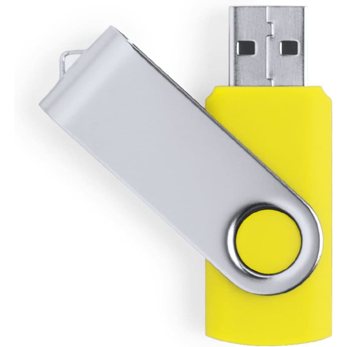 A USB memory device in yellow with a silver swivel cover, featuring a logo.