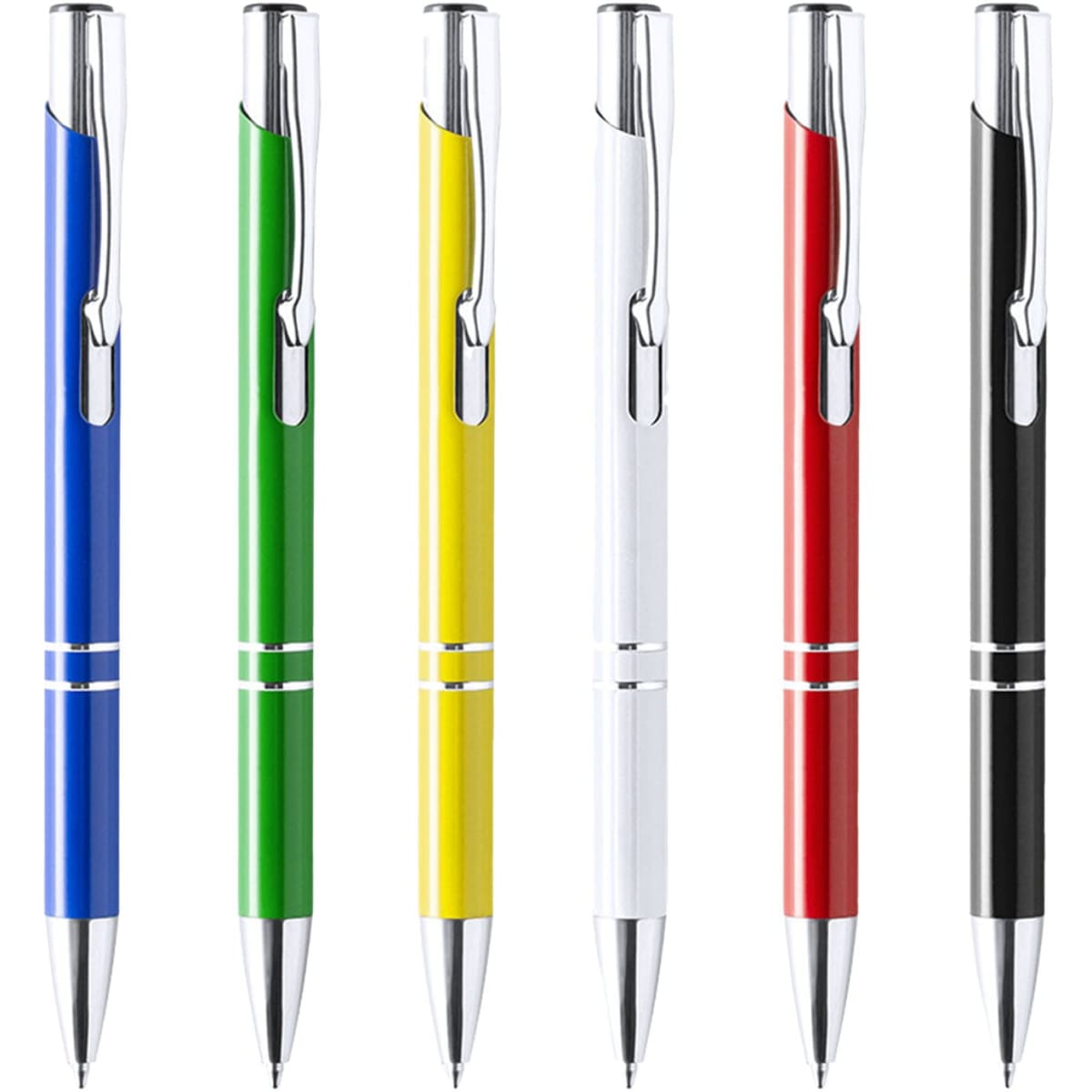 A set of six ballpoint pens in blue, green, yellow, white, red, and black, each featuring a shiny chrome clip and accents.