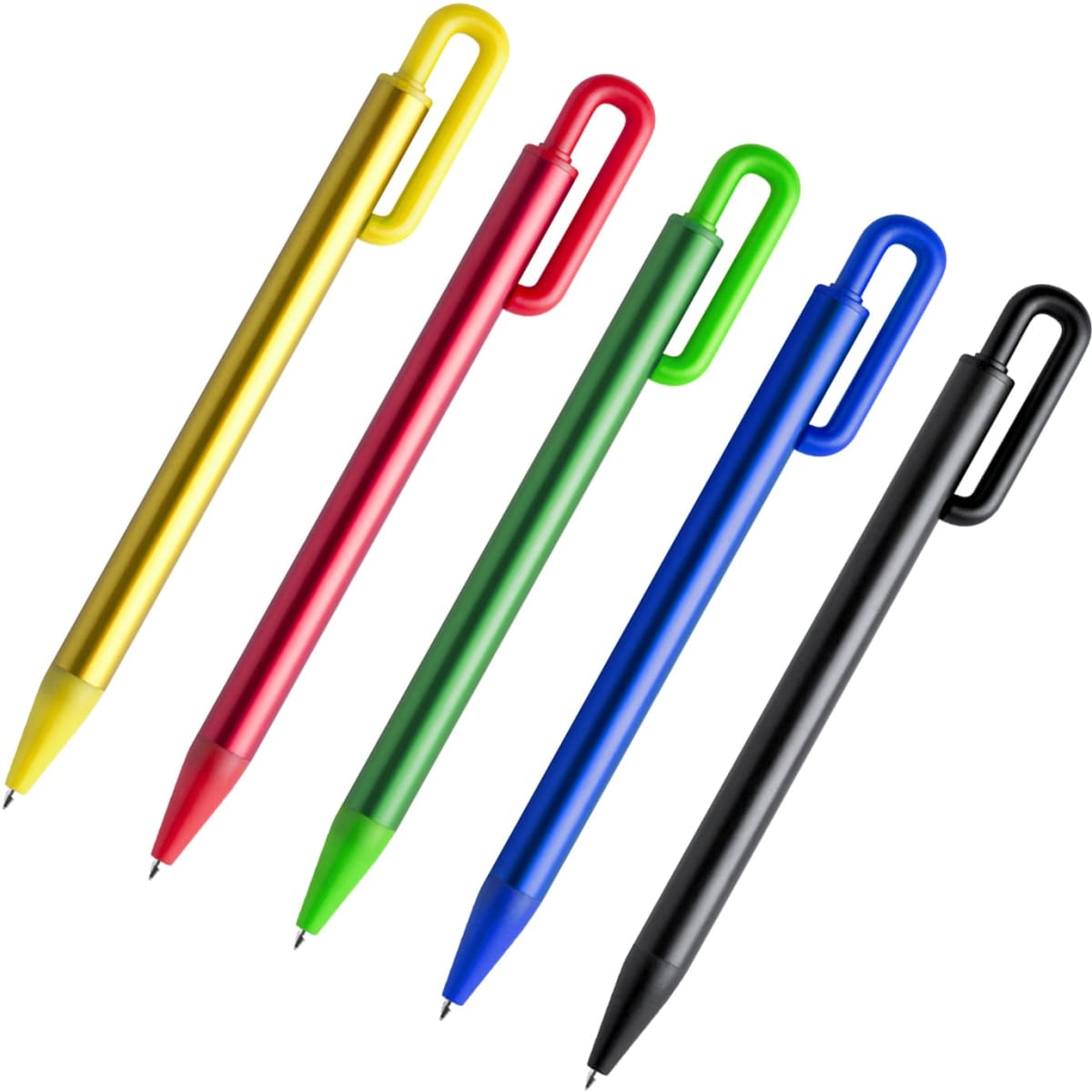 A set of five pens in yellow, red, green, blue, and black, featuring a clip on top.