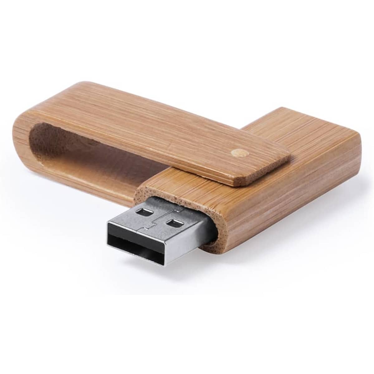 A bamboo USB memory stick in a sleek design, featuring silver connectors and a small branding logo.
