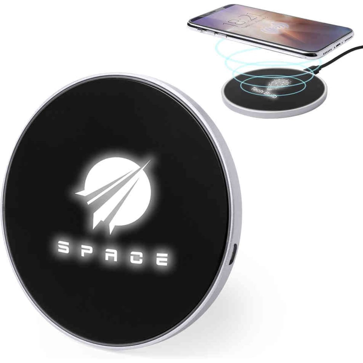 A wireless charging pad with a black surface and a circular design, featuring a logo and glowing elements.