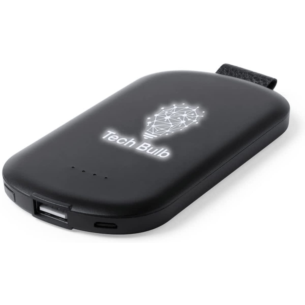 A portable charging device in black with a logo featuring a light bulb and USB output.