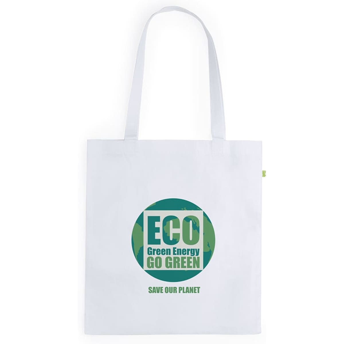 A white tote bag featuring a circular green logo with the text "ECO Green Energy GO GREEN SAVE OUR PLANET" and two handles.