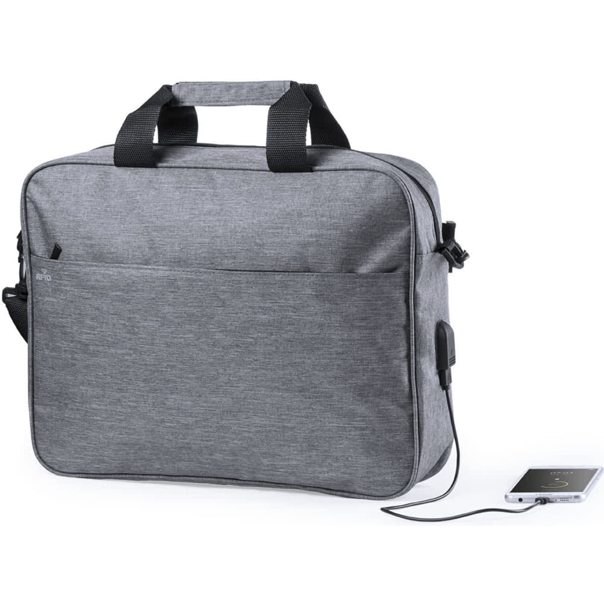 A grey laptop bag with two handles and a detachable shoulder strap, featuring a front pocket and a charging port.
