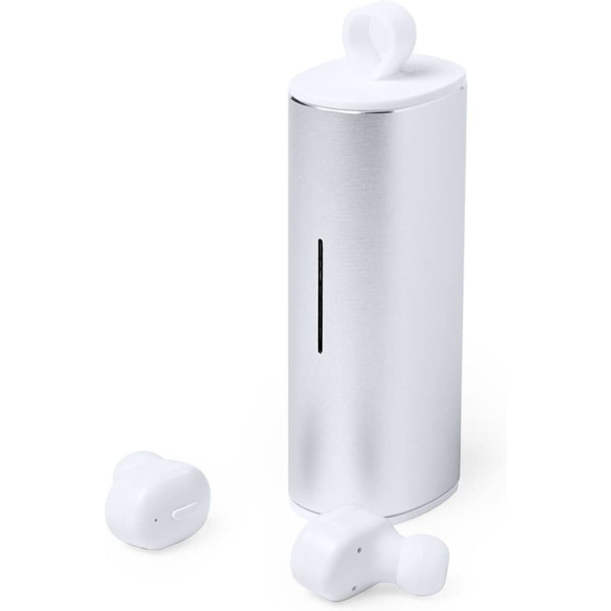 Earphones Flister consist of white earbuds next to a silver charging case. The case has a sleek design and logo.
