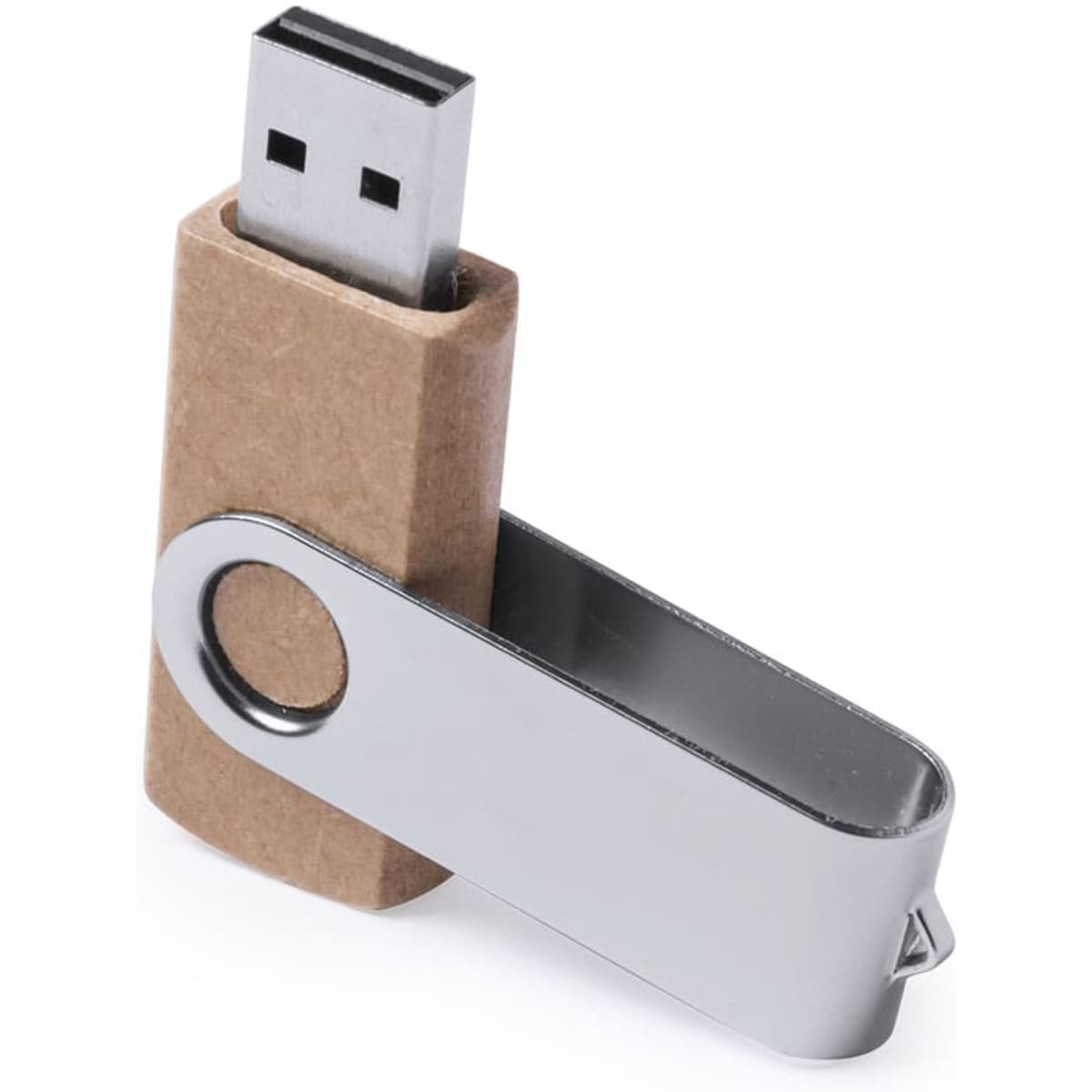 A USB memory stick with a silver metal cap and a body made from recycled brown cardboard, 16GB capacity.