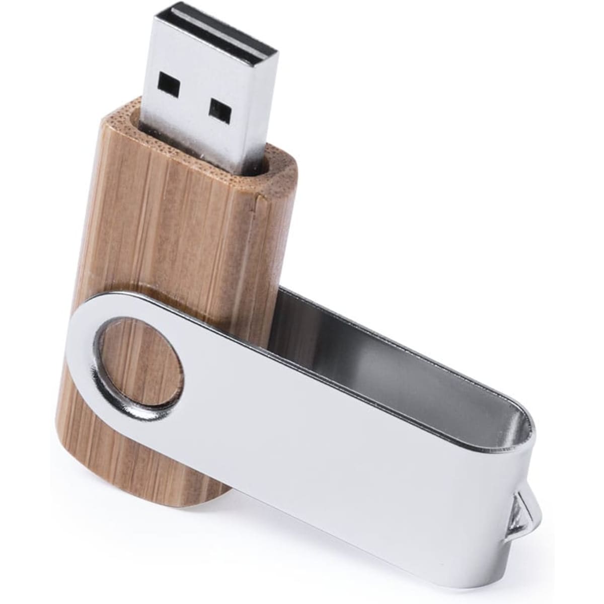 A USB memory stick with a bamboo body and a silver metallic swivel cover, showcasing a sleek design.