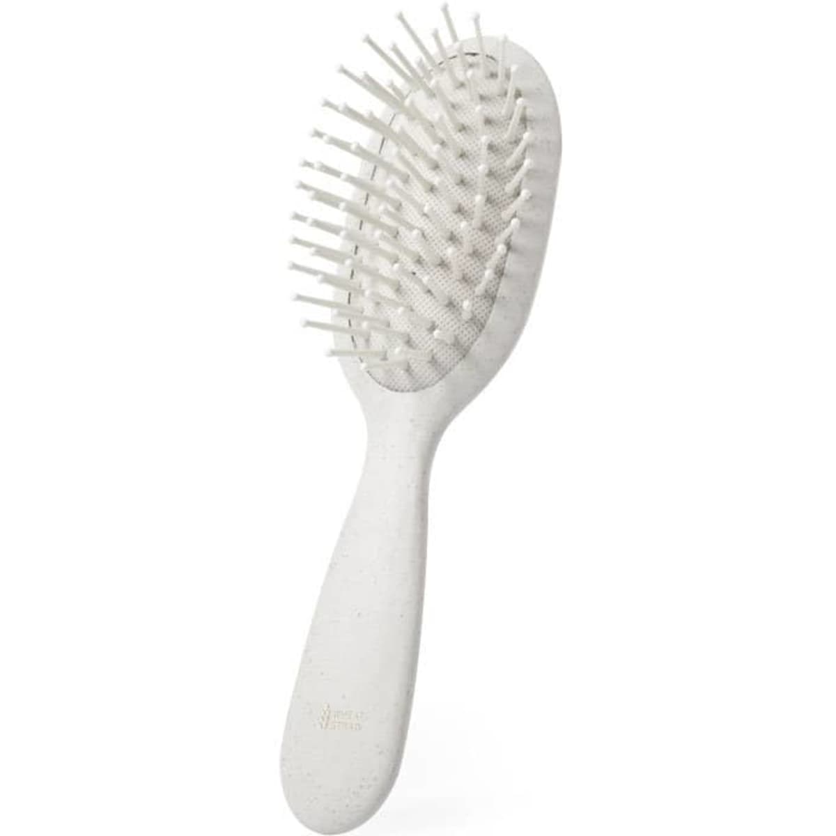 A hairbrush with a white handle and bristles, featuring a textured surface and a logo on the handle.