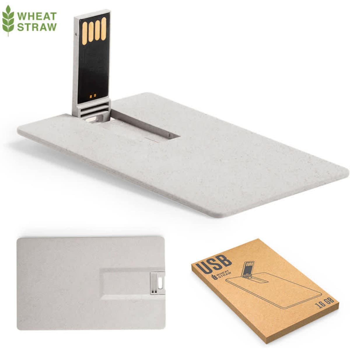 A USB memory stick in wheat straw design, featuring a 16GB capacity, displayed alongside its packaging.