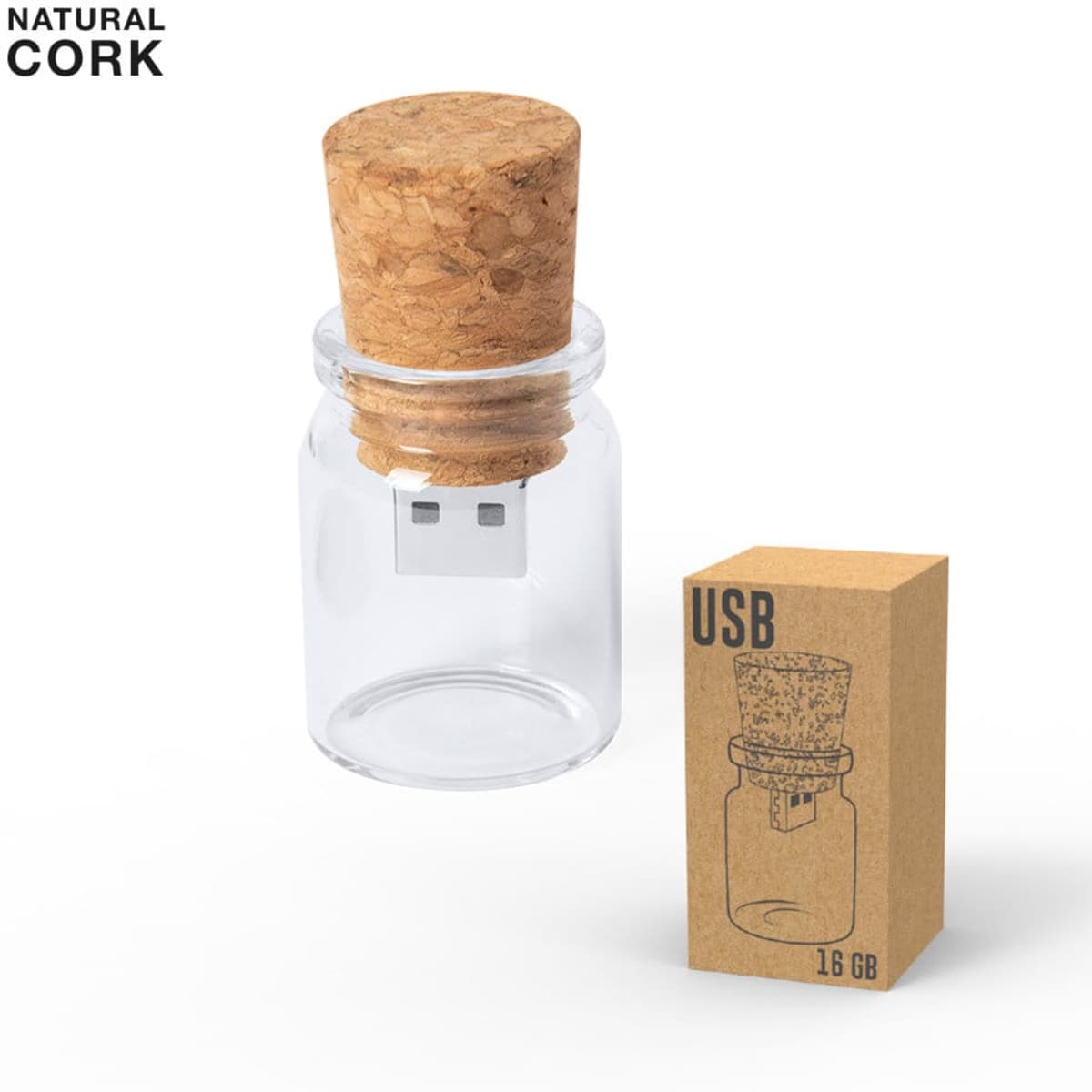 A drink bottle designed as a USB with a cork lid, featuring a clear glass body and a cardboard box packaging.