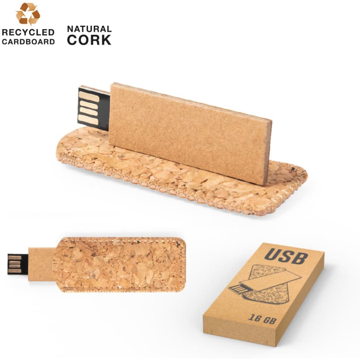 A USB memory stick made from recycled cardboard and natural cork, featuring a sleek, eco-friendly design.