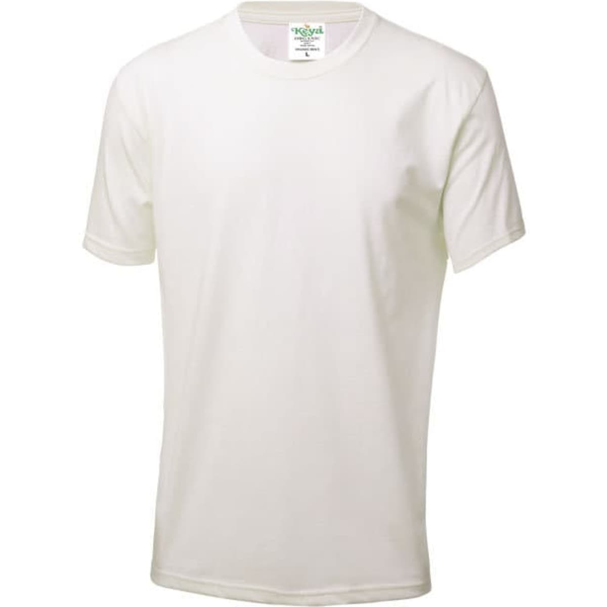 A plain white short-sleeve t-shirt displayed on a neutral background, featuring a tag inside the collar.
