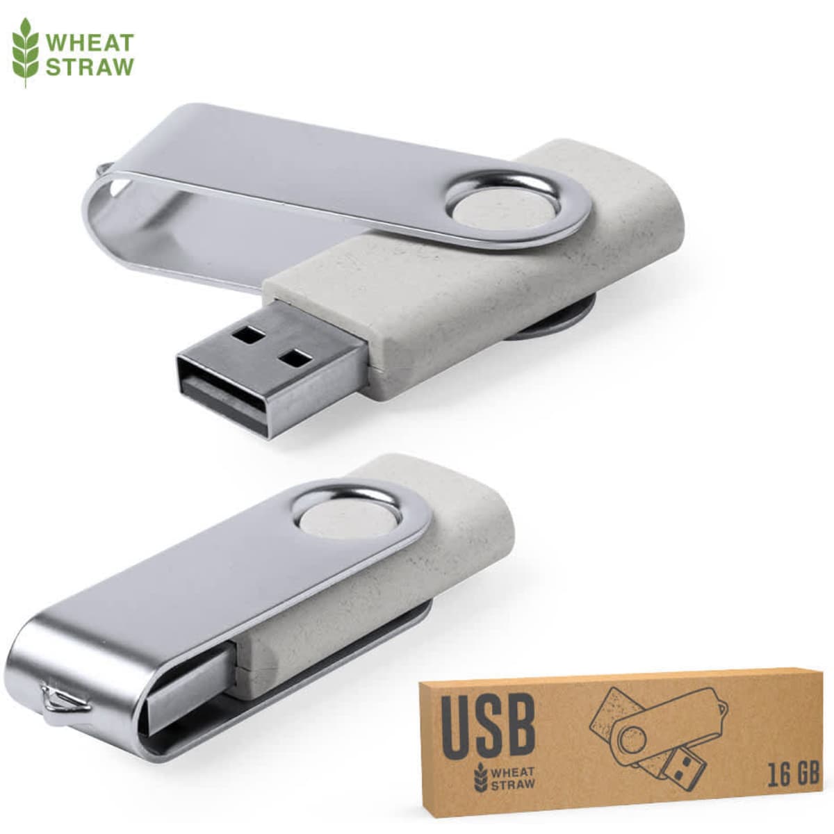 A USB memory drive made from wheat straw in grey and silver, featuring a modern design and a branding logo.