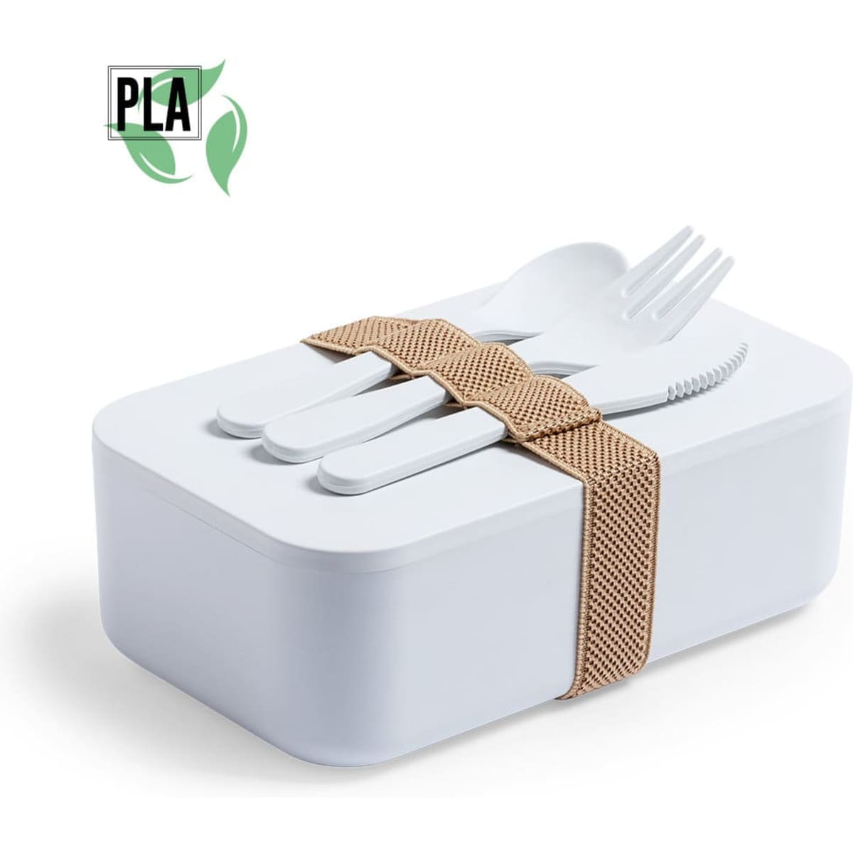 A lunch box in white with a beige strap and includes cutlery: a knife, fork, and spoon.