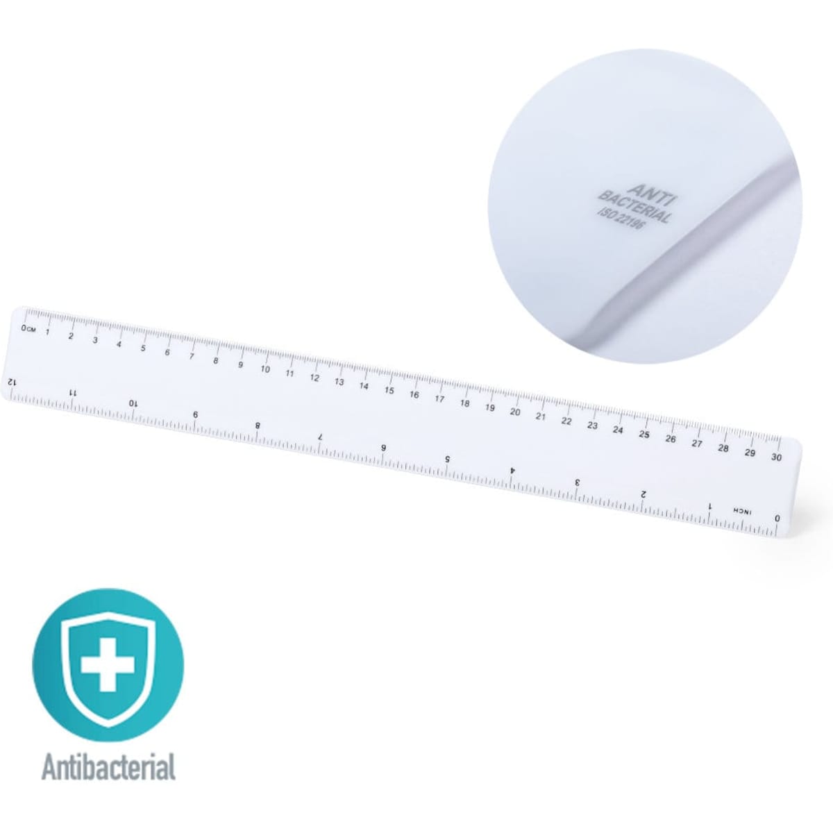 A white ruler with measurement markings, featuring an antibacterial logo and a circular inset showing a detail.