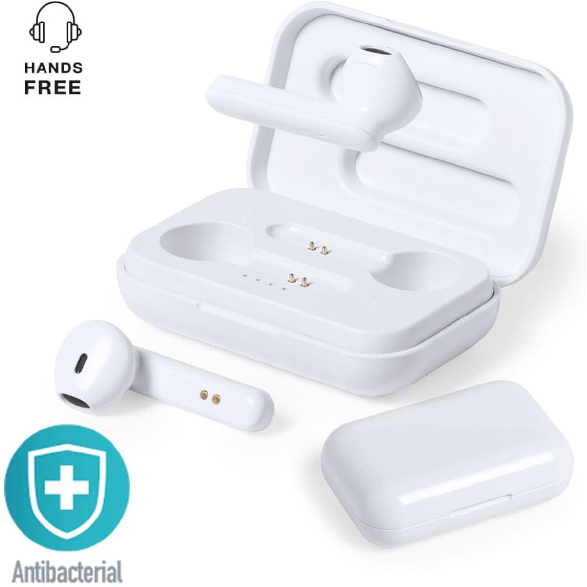 Wireless earbuds and charging case in white, featuring an antibacterial design and a logo on the case.