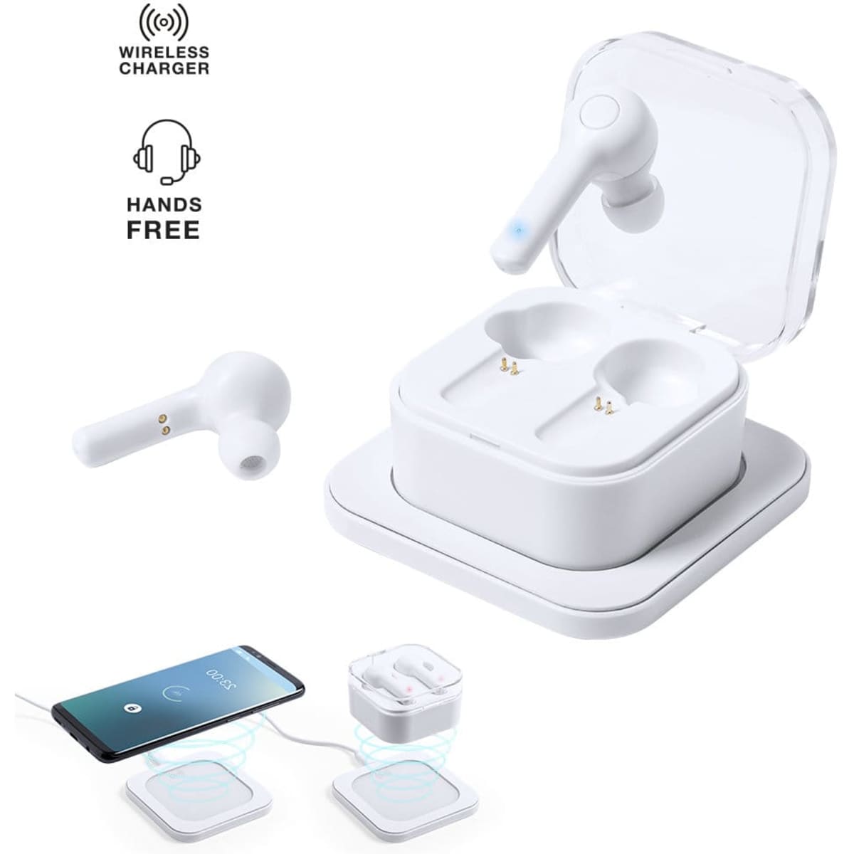 A wireless earbud charging case in white, with two earbuds and a smartphone nearby. The case features a wireless charging pad.