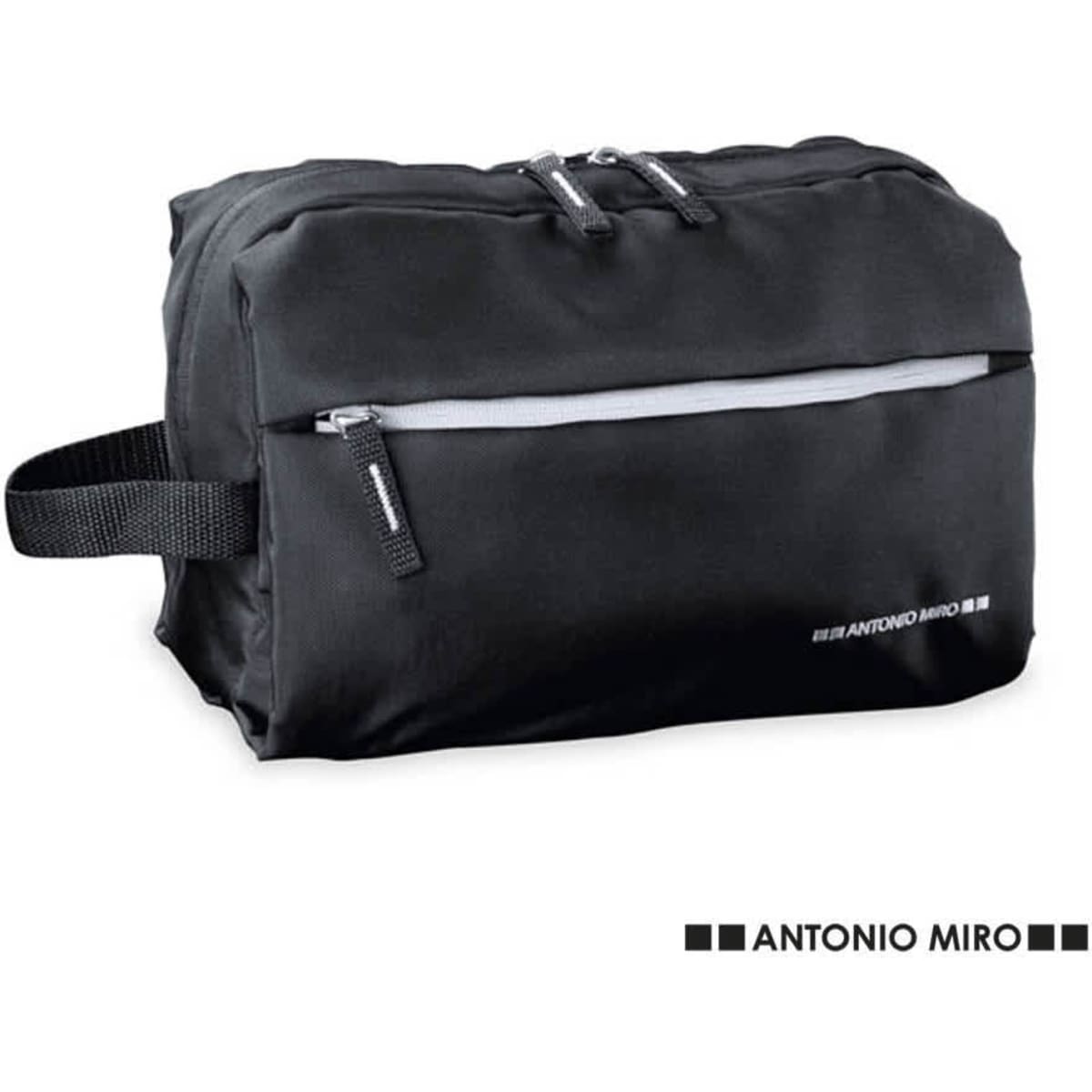 A black beauty bag with a zippered compartment and a carrying handle. It features a logo.