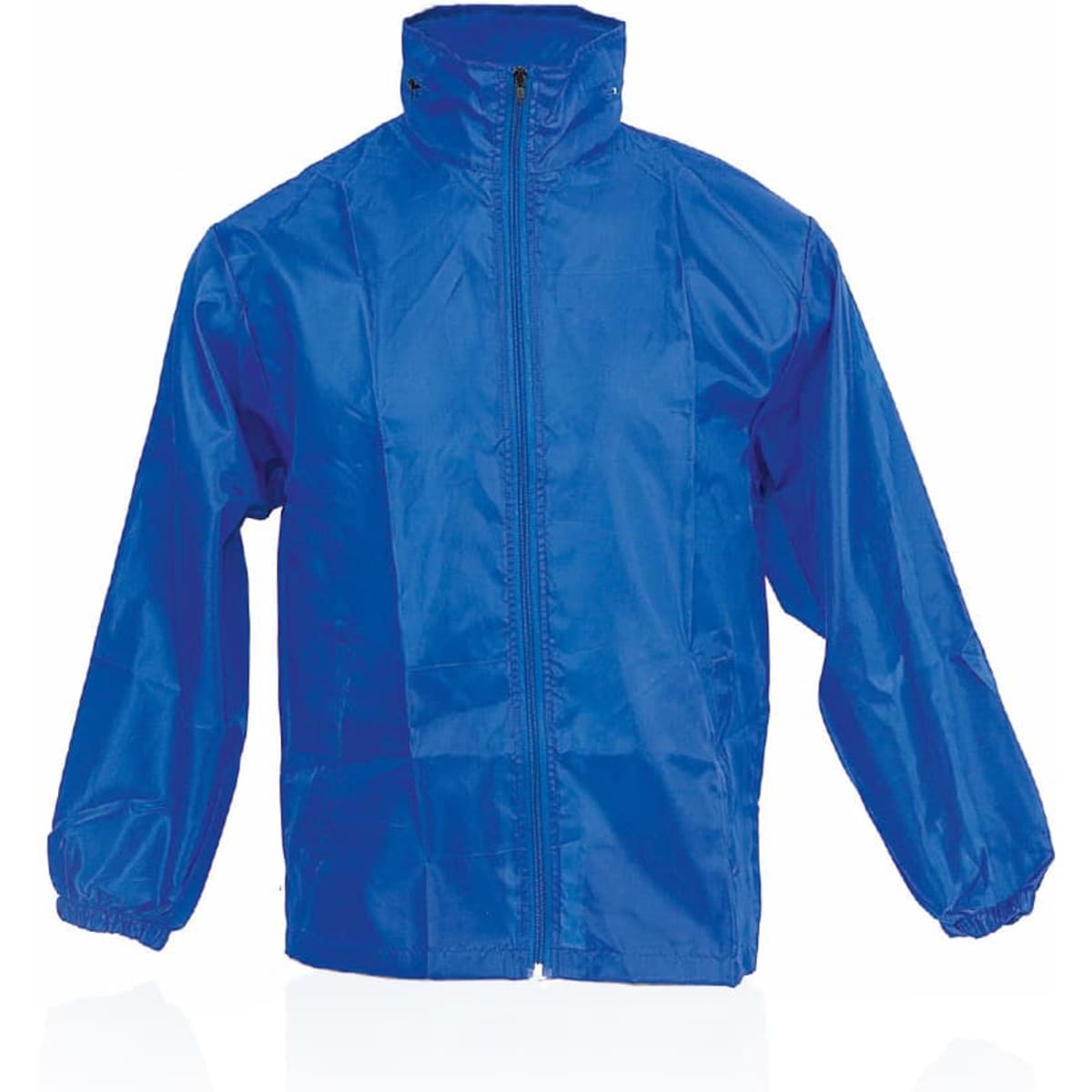 A blue jacket with a full front zip, stand-up collar, and elasticised cuffs. It features a logo on the chest.