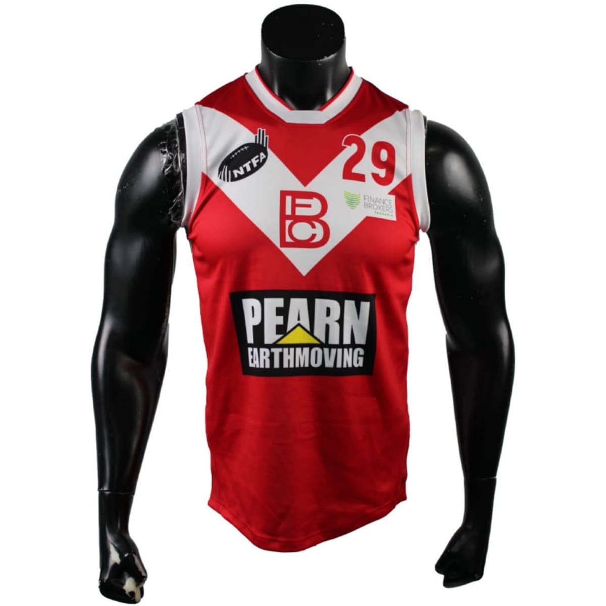 A red AFL guernsey for men, featuring a sleeveless design and branding elements on the front.