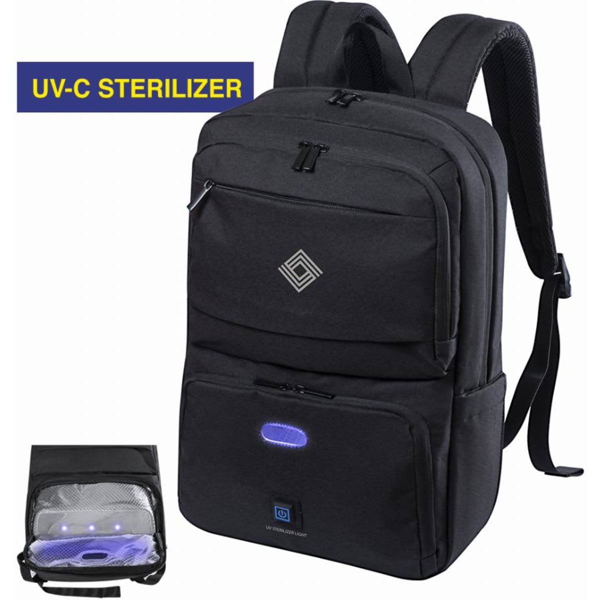 A black backpack featuring multiple compartments and a UV-C steriliser. It includes a logo and adjustable straps.