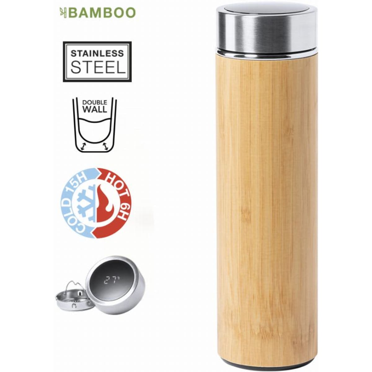 A drink bottle with a bamboo exterior and stainless steel top, featuring a double wall for insulation.