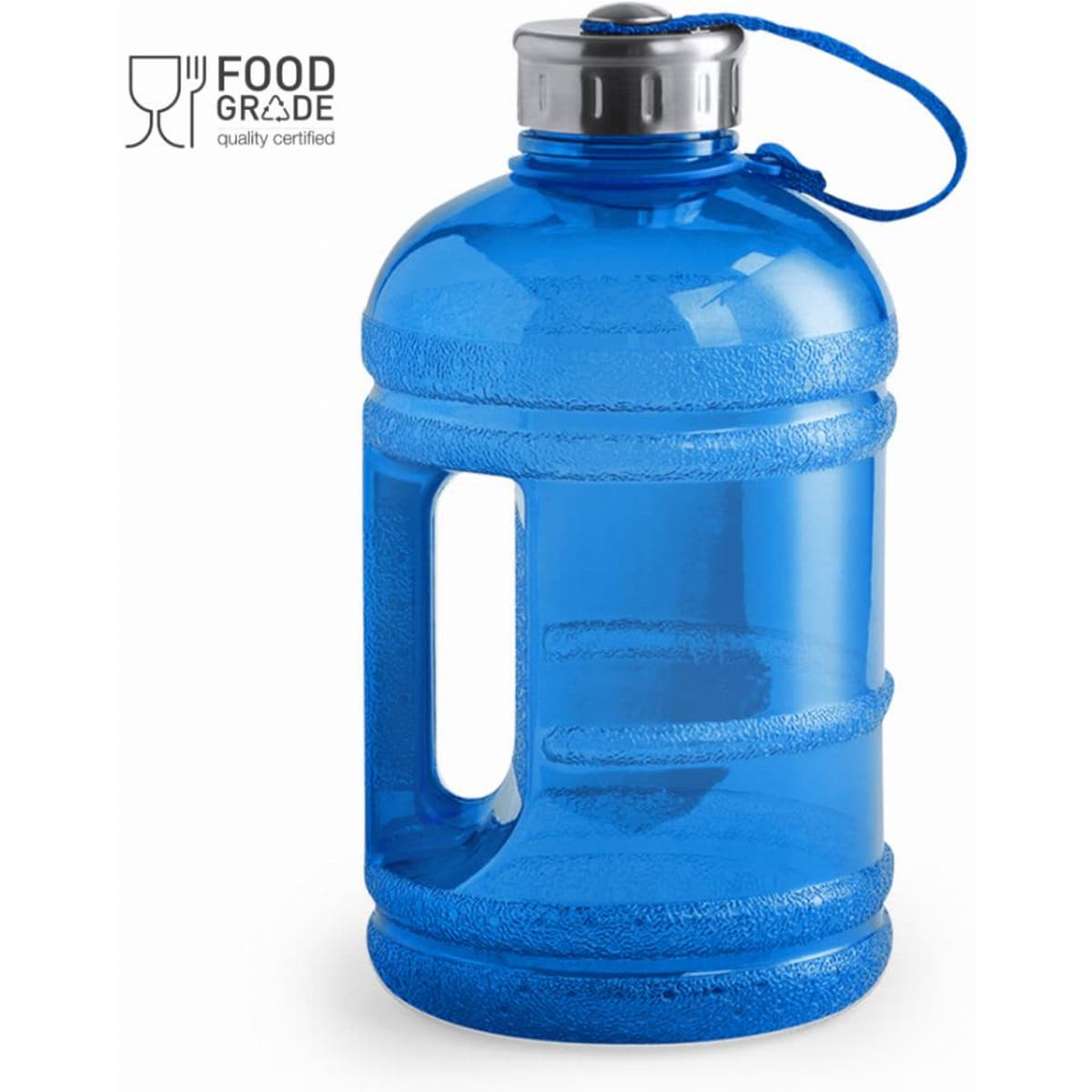 A blue drink bottle with a handle and a secure screw-top lid, featuring a brand logo.