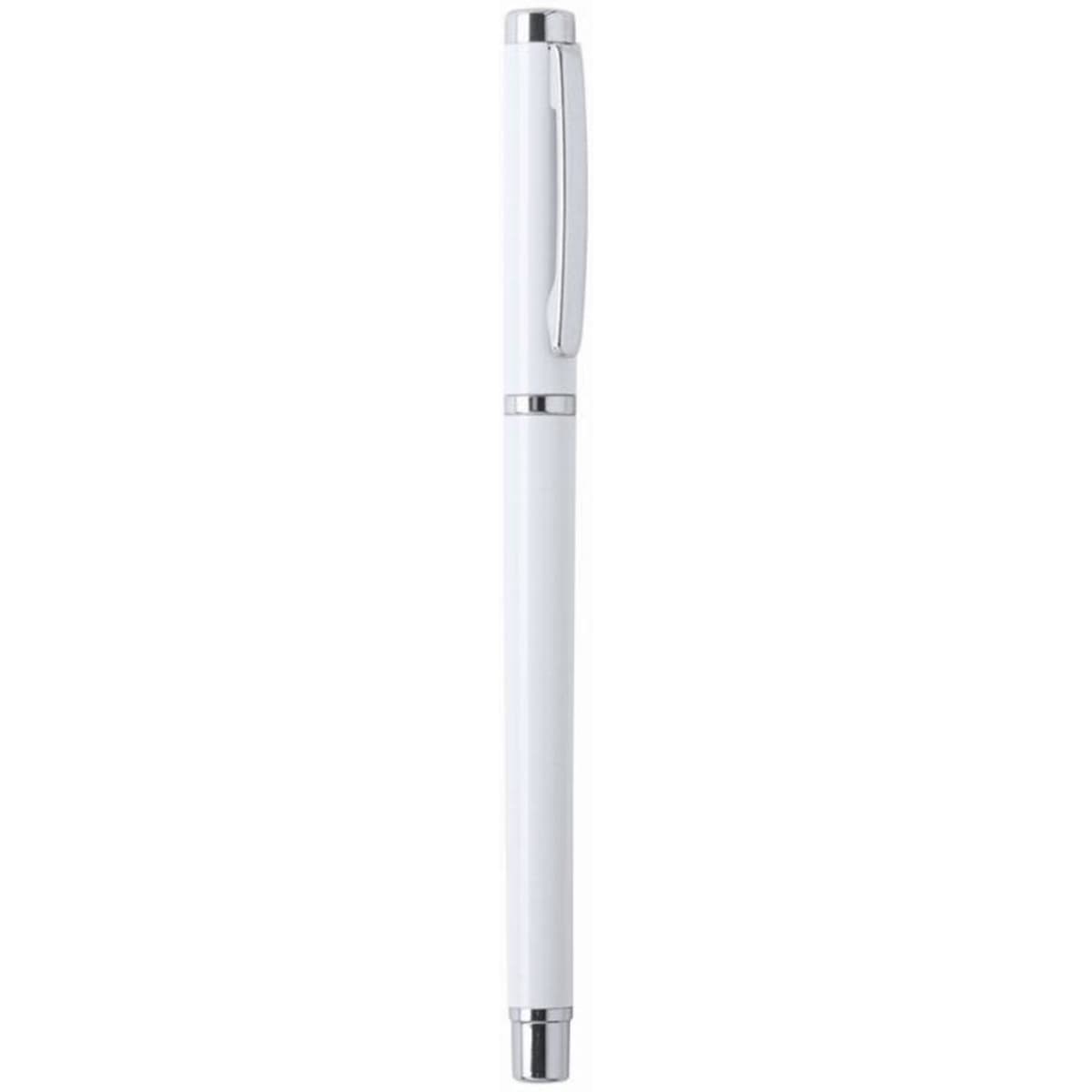 A white pen with silver accents and a clip, featuring a sleek and minimalist design.