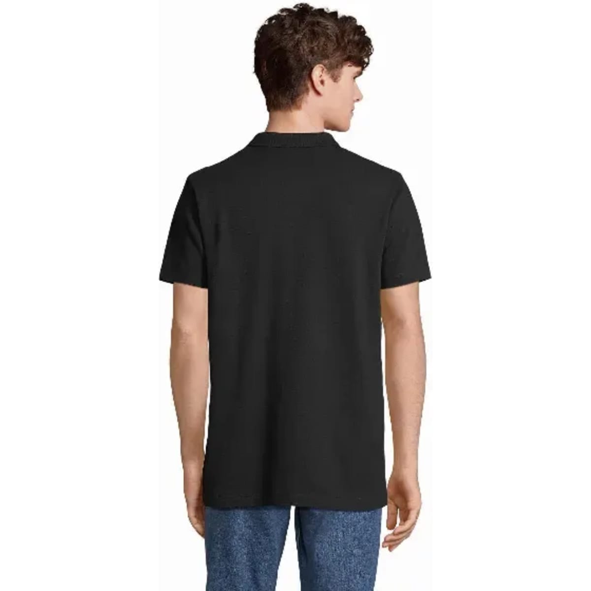 A black polo shirt displayed from the back, worn by a person with curly hair. No visible branding or logo.