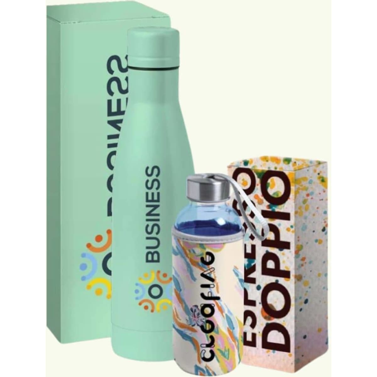 A drink bottle set featuring a mint green stainless steel bottle and a transparent plastic bottle, packaged in colourful boxes.