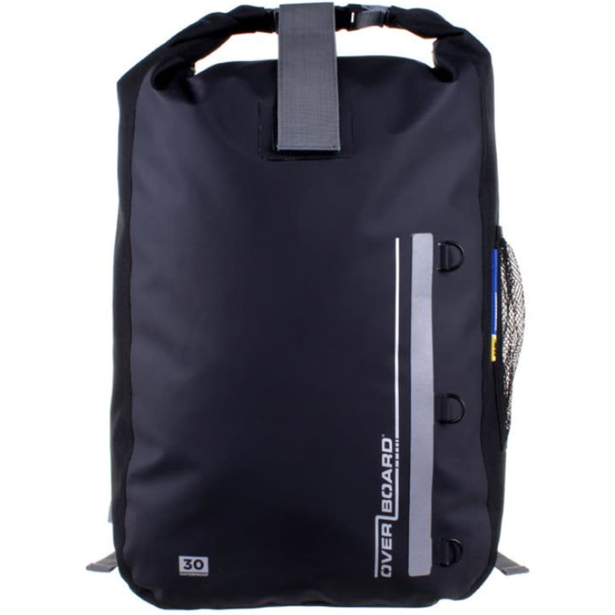 A black waterproof backpack featuring grey accents, a side mesh pocket, and a logo. Suitable for various activities.