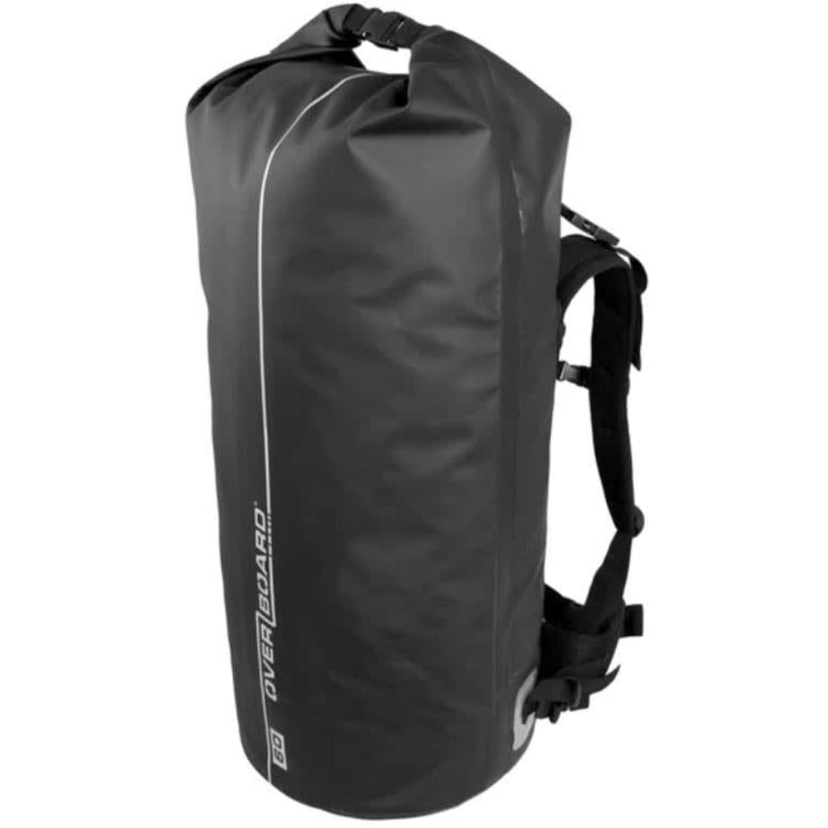 A black waterproof backpack with adjustable straps and a roll-top closure, featuring a branding logo.