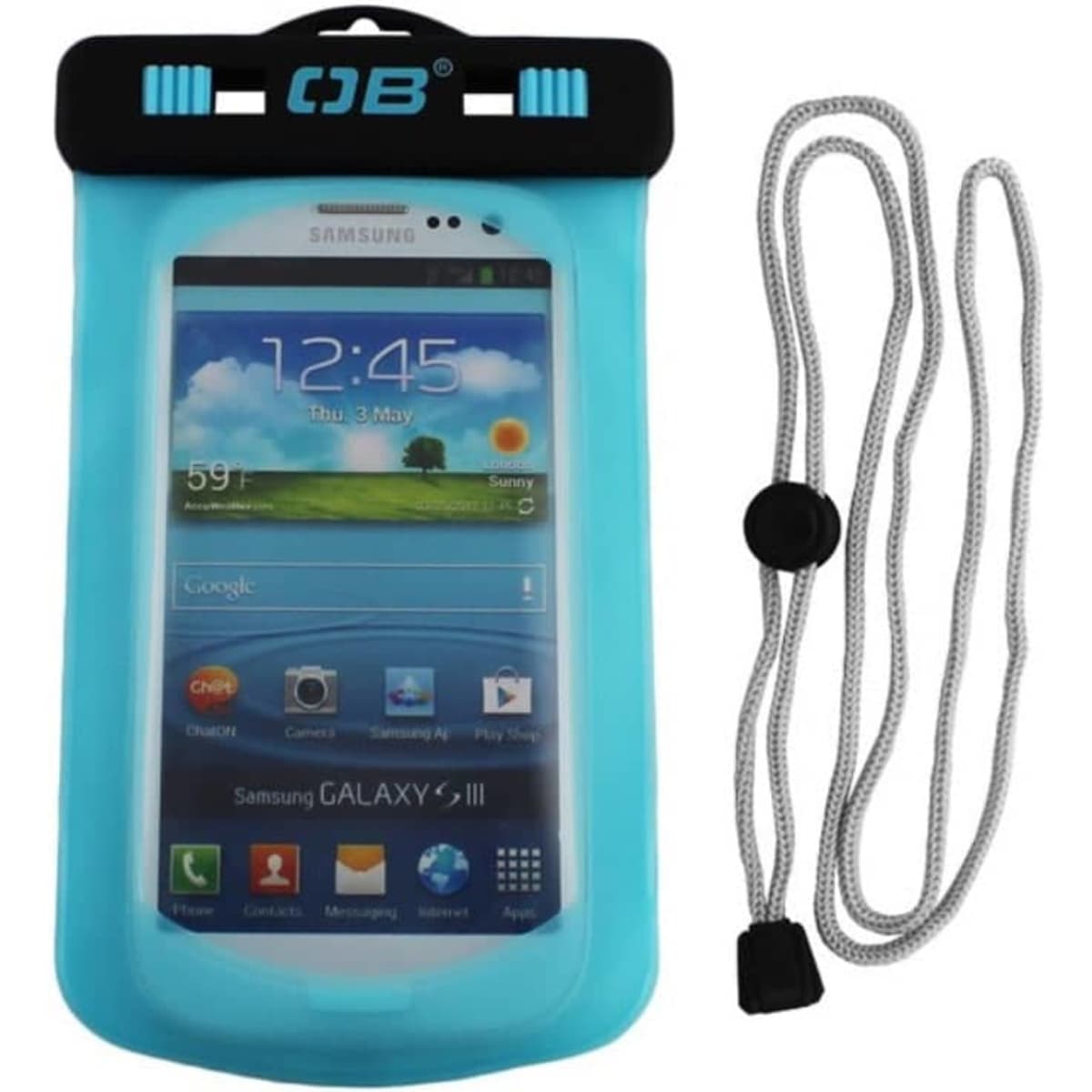 A blue waterproof phone case with a neck strap, designed to hold a small phone securely. It features a logo at the top.