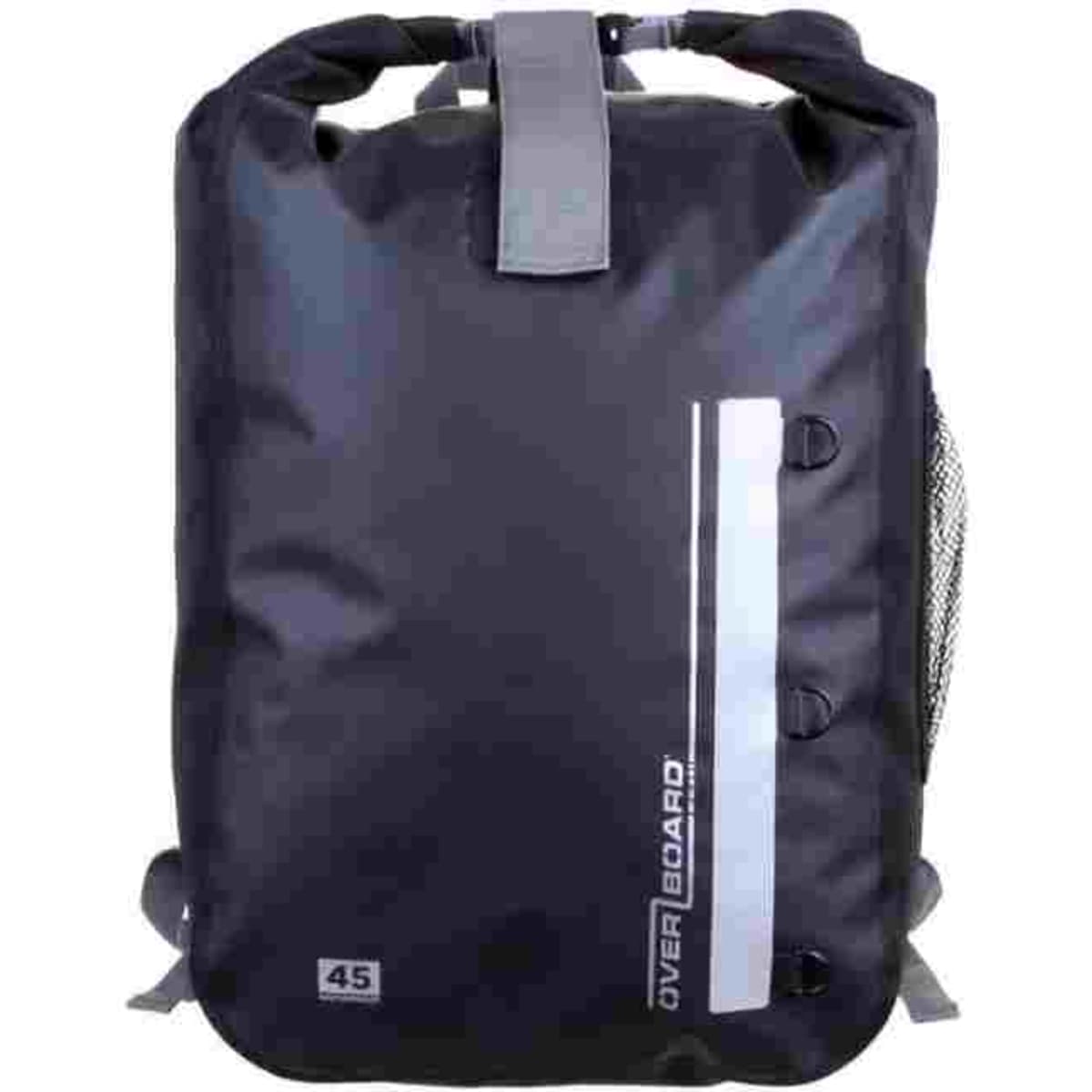 A black waterproof backpack with a roll-top closure, featuring a side mesh pocket and a logo. 45L capacity.