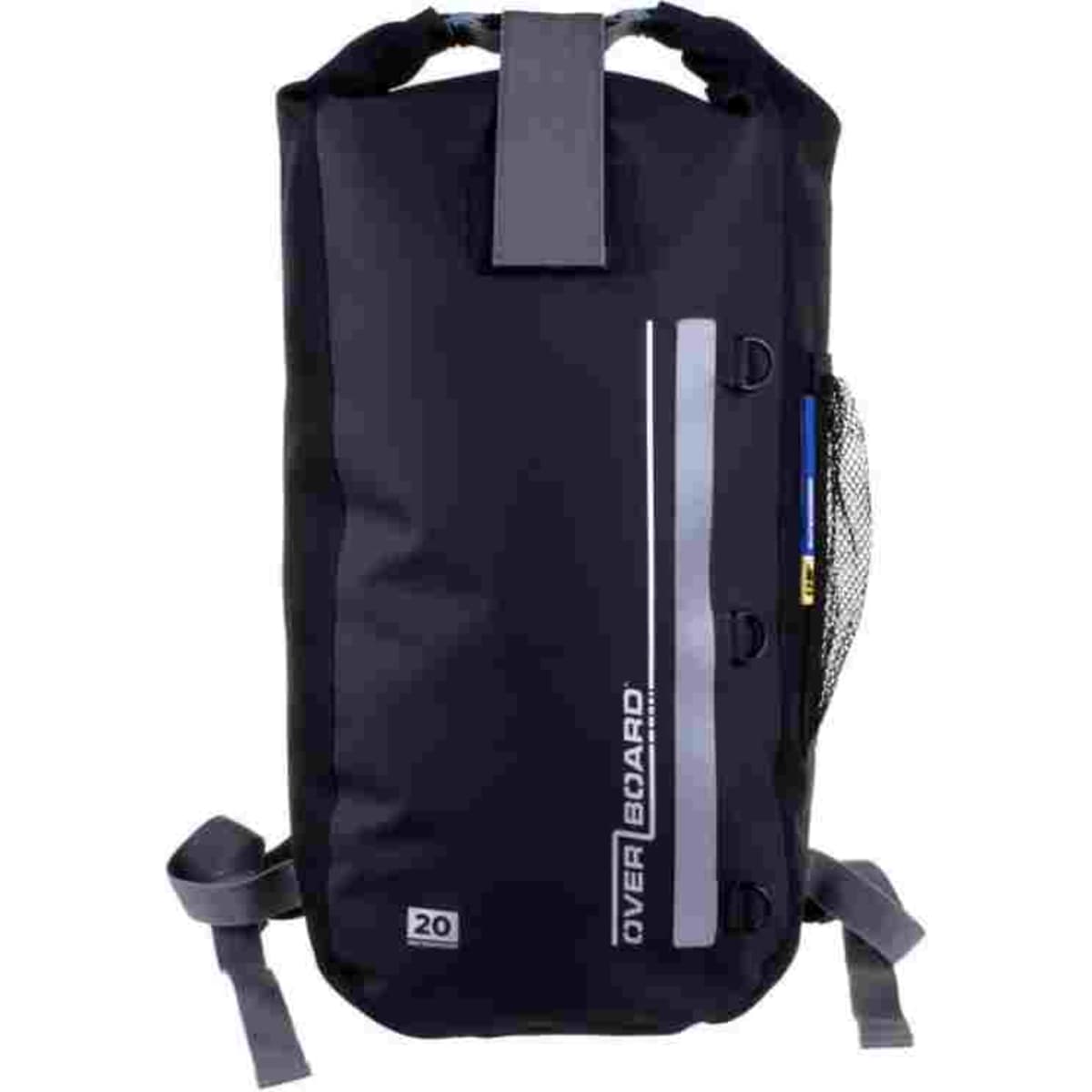 A black waterproof backpack with a roll-top closure and side mesh pocket, featuring branding. Suitable for a 20L capacity.