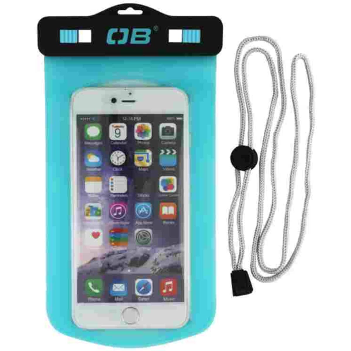A large, aqua phone case with a black top, featuring a smartphone inside and a detachable lanyard.
