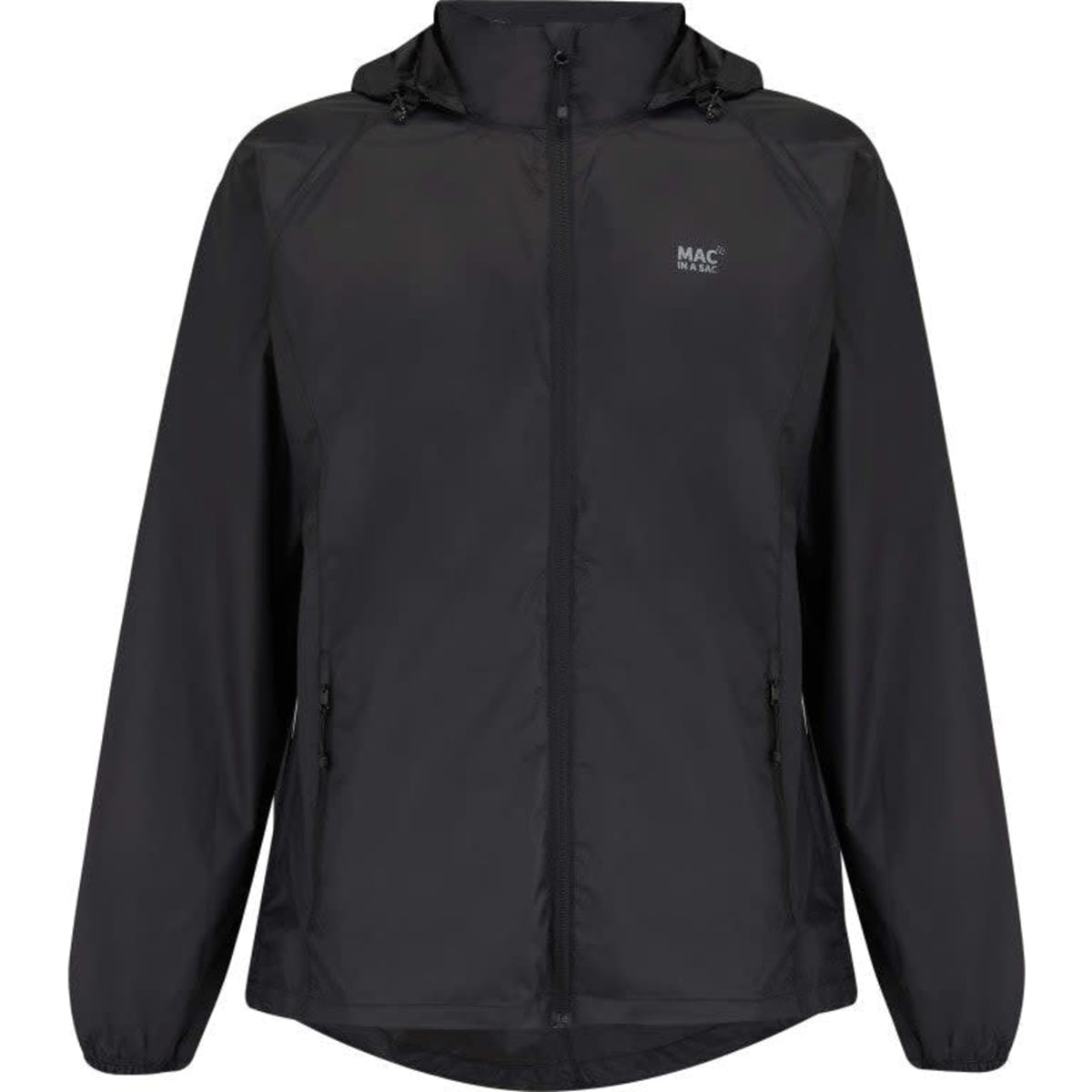 A packable jacket in black, featuring a zip front, hood, and side pockets, with a small logo on the chest.