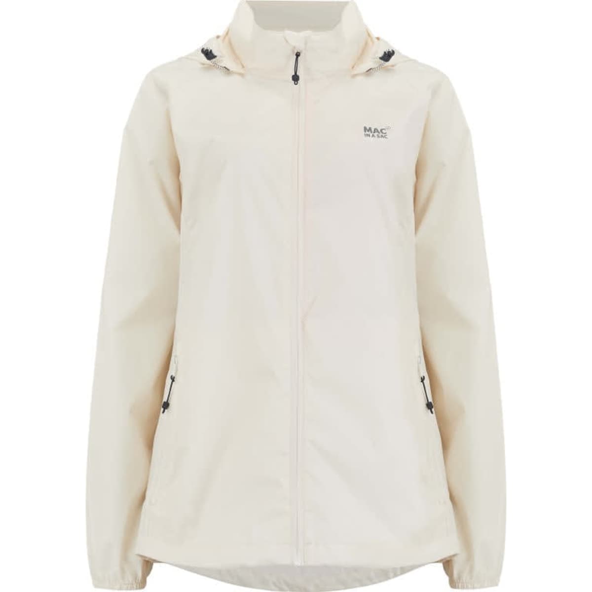 A packable jacket in cream colour with adjustable toggles and a logo on the chest.