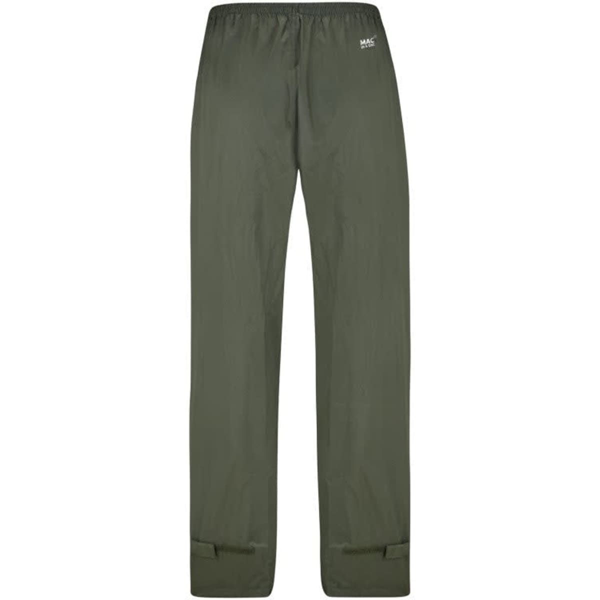 A pair of green packable overpants with an elastic waistband and adjustable cuffs. Features a logo on the side.